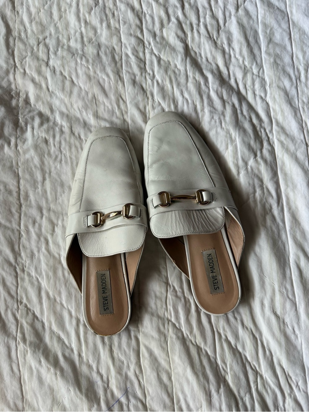 Steve Madden White Leather Backless Horsebit Mules